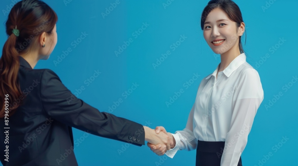 Close-up of a Japanese businesswoman shaking hands with a colleague and smiling, wearing a white blouse and black skirt, standing in front of a bright blue background, Portrait half-body, Close-up of a Japanese businesswoman shaking hands with a colleague and smiling, wearing a white blouse and black skirt, standing in front of a bright blue background, Portrait half-body,