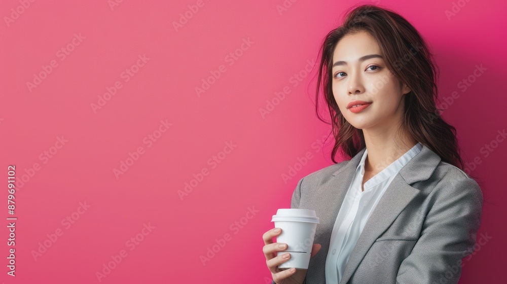Close-up of a Japanese businesswoman holding a cup of coffee and looking relaxed, wearing a grey blazer and white blouse, standing in front of a bright pink background, Portrait half-body, Close-up of a Japanese businesswoman holding a cup of coffee and looking relaxed, wearing a grey blazer and white blouse, standing in front of a bright pink background, Portrait half-body,