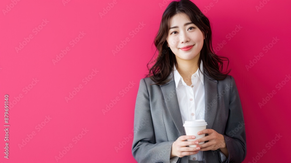 Close-up of a Japanese businesswoman holding a cup of coffee and looking relaxed, wearing a grey blazer and white blouse, standing in front of a bright pink background, Portrait half-body, Close-up of a Japanese businesswoman holding a cup of coffee and looking relaxed, wearing a grey blazer and white blouse, standing in front of a bright pink background, Portrait half-body,