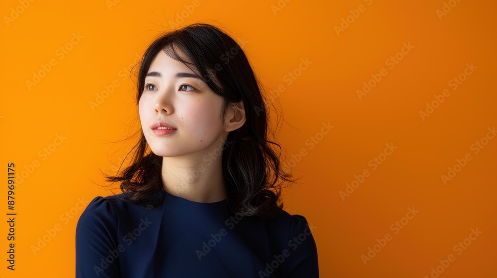 Close-up of a Japanese businesswoman working on a graph and looking concentrated, wearing a navy dress, standing in front of a bright orange background, Portrait half-body, hyper-realistic, high Close-up of a Japanese businesswoman working on a graph and looking concentrated, wearing a navy dress, standing in front of a bright orange background, Portrait half-body, hyper-realistic, high
