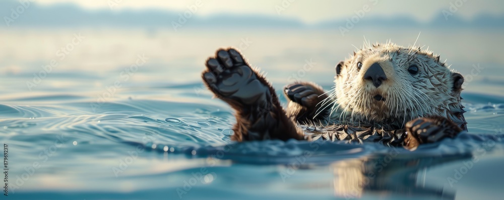 Fototapeta premium Playful sea otter floating on its back in the ocean, 4K hyperrealistic photo