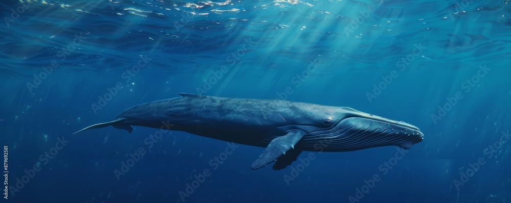 Serene blue whale swimming in the open ocean, 4K hyperrealistic photo Serene blue whale swimming in the open ocean, 4K hyperrealistic photo