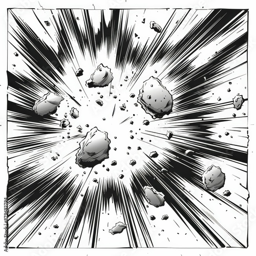 Dynamic Black and White Comic Book Explosion with Flying Debris and Radiating Energy Lines