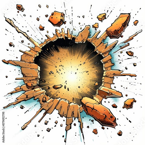 Dynamic Comic Book Style Explosion with Flying Debris and Radiating Energy