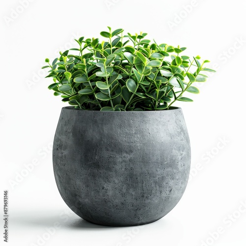 Modern Minimalist Concrete Planter with Lush Green Plant on White Background