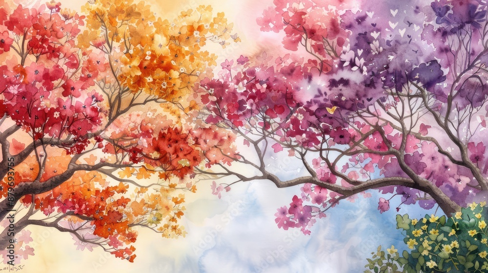 lively watercolor painting of tree tops in spring with blooming flowers lively watercolor painting of tree tops in spring with blooming flowers