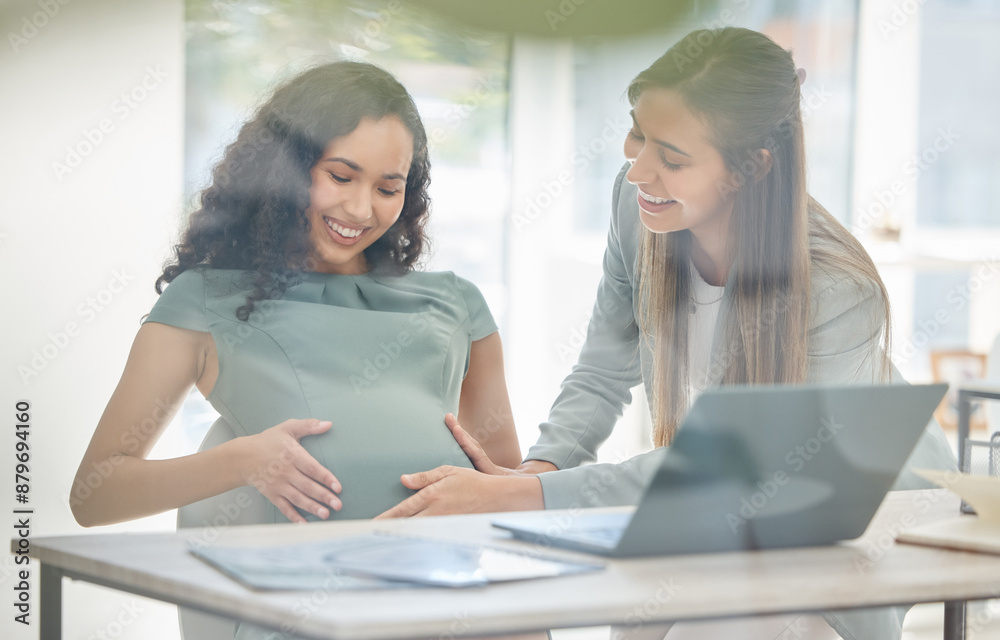 Happy, pregnant and woman with colleague in office to touch stomach growth, new mother and meeting baby. Smile, people and abdomen with love, care and support of staff for maternity leave of wellness Happy, pregnant and woman with colleague in office to touch stomach growth, new mother and meeting baby. Smile, people and abdomen with love, care and support of staff for maternity leave of wellness