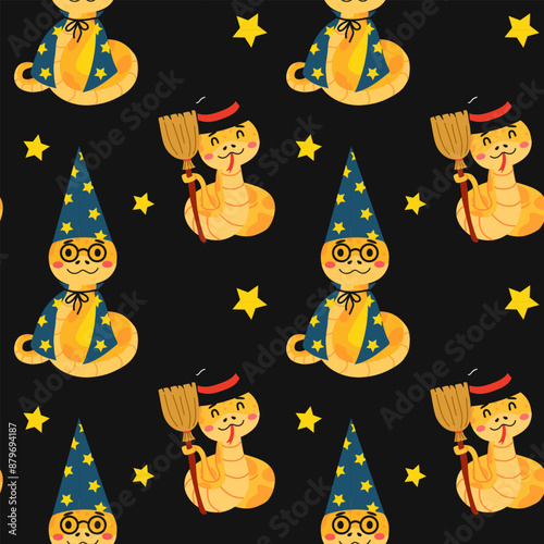 A seamless pattern featuring cute cartoon snakes 