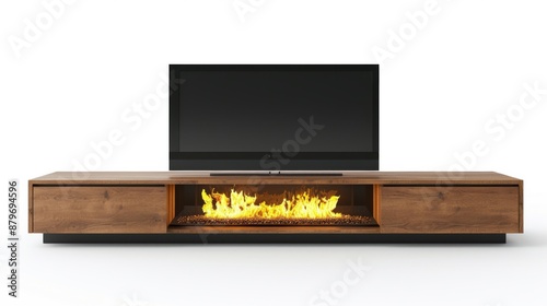 A modern TV stand with a built-in electric fireplace and sleek design, isolated on a white background