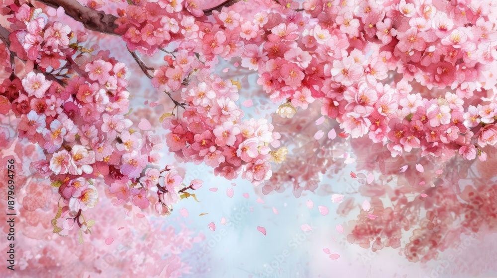 peaceful watercolor scene of tree tops with cherry blossoms in full bloom peaceful watercolor scene of tree tops with cherry blossoms in full bloom