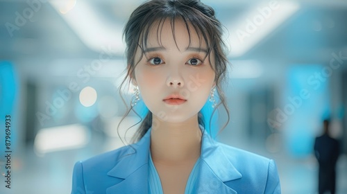 Chinese female anchor, wearing blue suit and skirt, news background with light gray-blue lines. Generative AI.