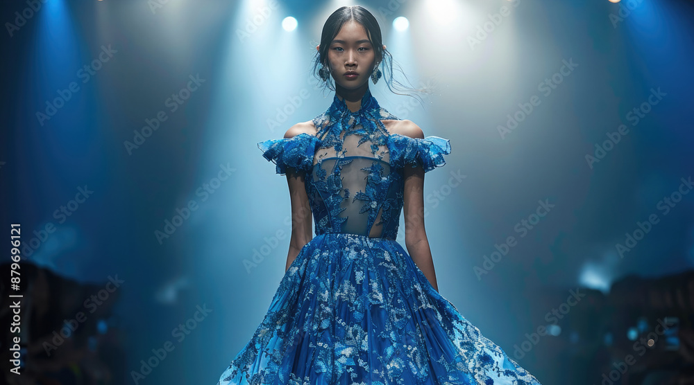 Korean female model in her 40s wearing a blue flower-patterned dress on the runway. Generative AI. Korean female model in her 40s wearing a blue flower-patterned dress on the runway. Generative AI.