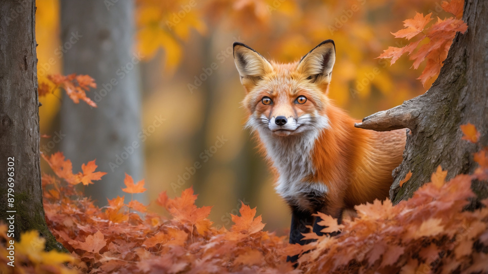 Red Fox in Autumn Forest with Fallen Leaves
