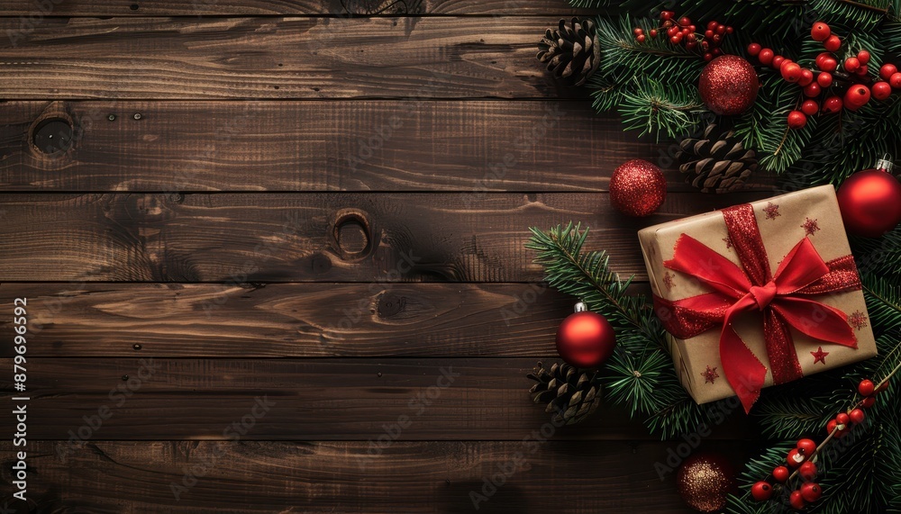 Gifts wrapped in brown paper with red ribbons, accompanied by Christmas balls and pine cones, create a warm Christmas atmosphere Gifts wrapped in brown paper with red ribbons, accompanied by Christmas balls and pine cones, create a warm Christmas atmosphere