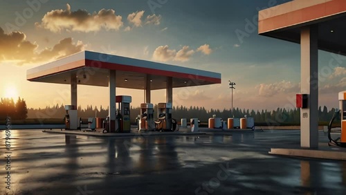 Gas Station at Sunset with Wet Pavement