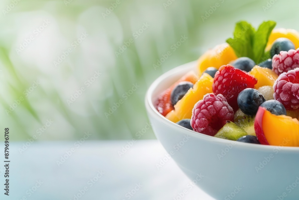 Close-up of a vibrant fruit salad in a white bowl with mixed berries, peaches, and mint leaves on a natural, green blurred background. Close-up of a vibrant fruit salad in a white bowl with mixed berries, peaches, and mint leaves on a natural, green blurred background.