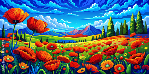 Poppy field and blue sky. A hand-drawn drawing