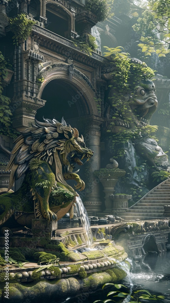 Obraz premium Griffin's Lair: Mythical Sanctuary, 4K hyperrealistic photo