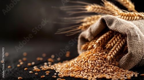 Rustic Wheat Sheaves and Grains Spilling from Burlap Sack on Dark Background. Horizontal banner with copy space © Jullia
