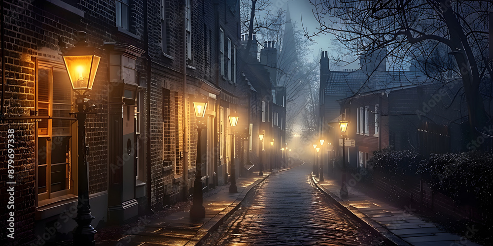 Fog-shrouded gas lamps cast eerie shadows on wet cobblestones as misty alleys and row houses stretch into the darkness, hinting at secrets waiting to be unearthed. Fog-shrouded gas lamps cast eerie shadows on wet cobblestones as misty alleys and row houses stretch into the darkness, hinting at secrets waiting to be unearthed.