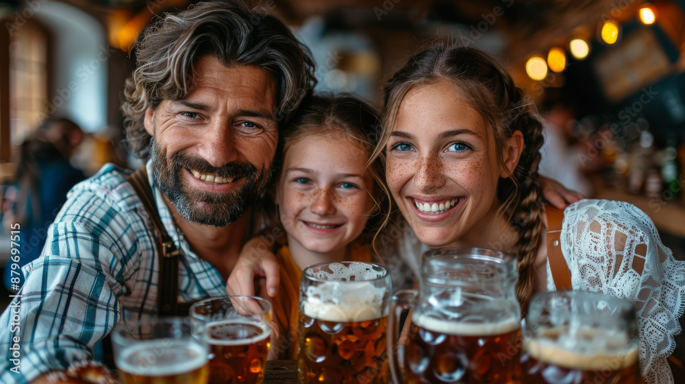 Smiling Family Enjoying Oktoberfest with Beer and Warm Lights Smiling Family Enjoying Oktoberfest with Beer and Warm Lights
