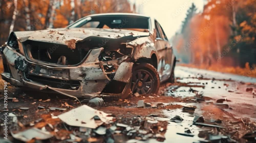 A dilapidated classic car surrounded by rust and abandoned cars, lying on a wet road