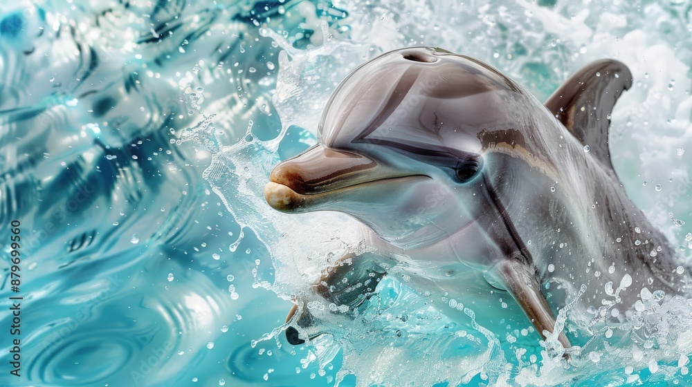 Fototapeta premium Watercolor dolphin in a splash of turquoise water widescreen format