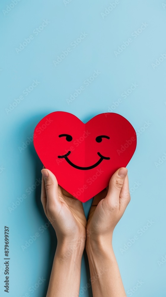 Obraz premium Hands holding a smiling red heart on a blue background