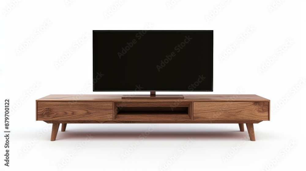 A sleek TV unit with a minimalist design and wooden finish, isolated on a white background A sleek TV unit with a minimalist design and wooden finish, isolated on a white background
