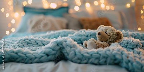 A Vibrant Weighted Blanket Adorns a Cozy Bed with Pillows, Stuffed Animals, and Warm Lighting. Concept Home Decor, Cozy Mood, Comfortable Living, Relaxation, Bedroom Essentials photo