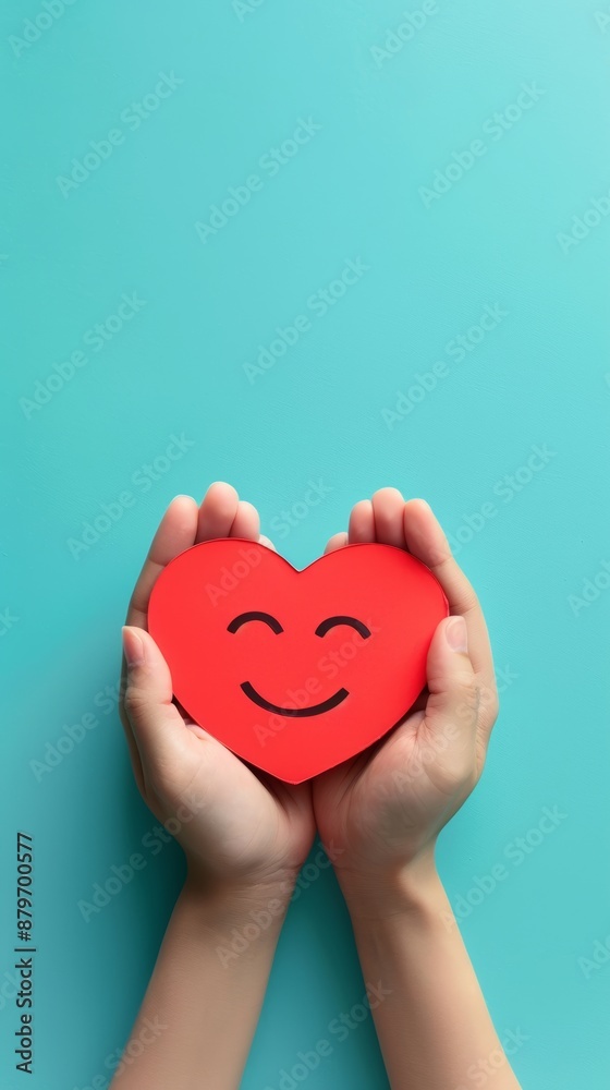 Fototapeta premium Hands holding a red heart with a smiley face on a turquoise background