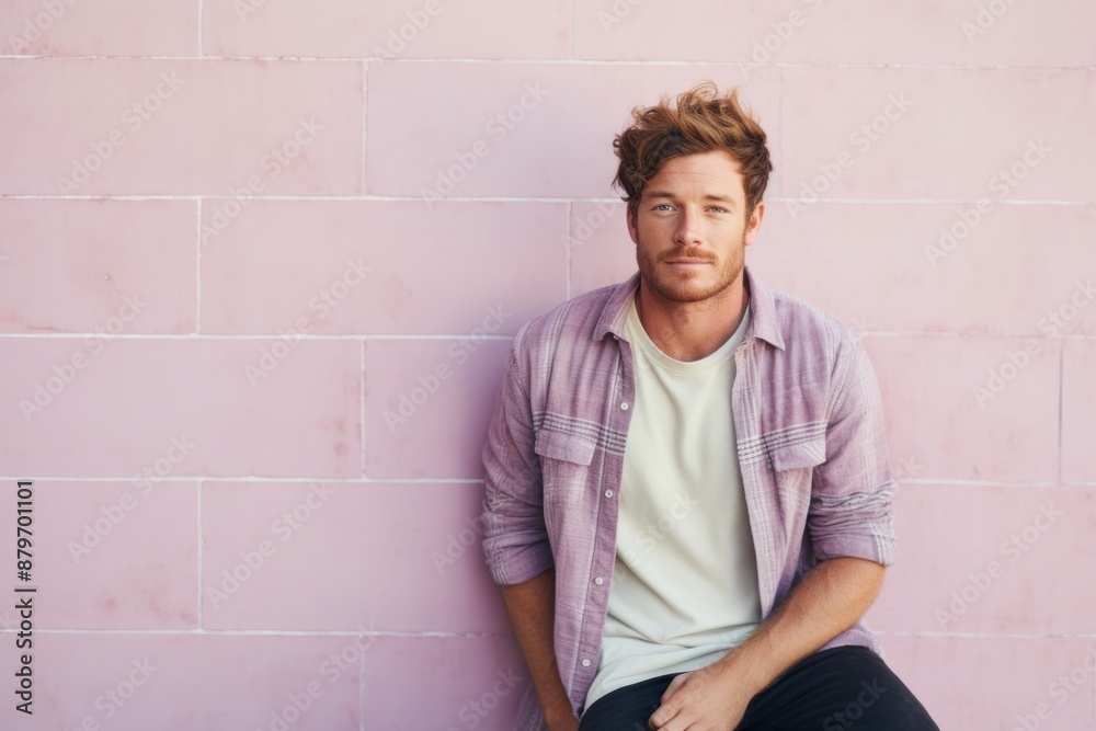 Portrait of a tender man in his 20s wearing a comfy flannel shirt on solid pastel color wall Portrait of a tender man in his 20s wearing a comfy flannel shirt on solid pastel color wall