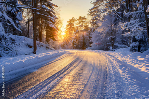 Snowy road glistening under the rays of a bright sun