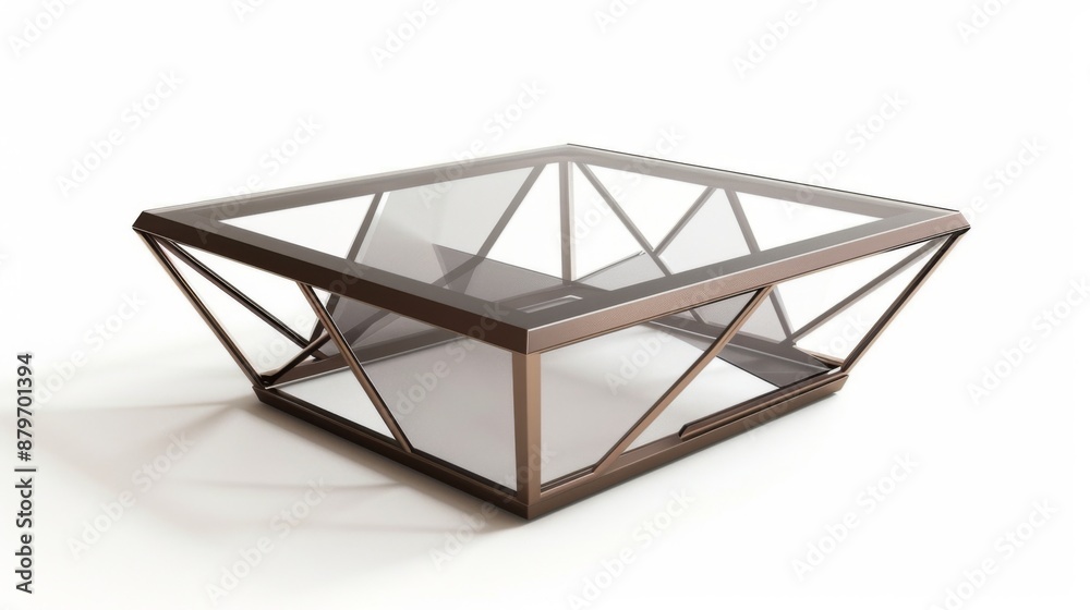 A geometric coffee table with a glass top and metal frame, isolated on a white background A geometric coffee table with a glass top and metal frame, isolated on a white background