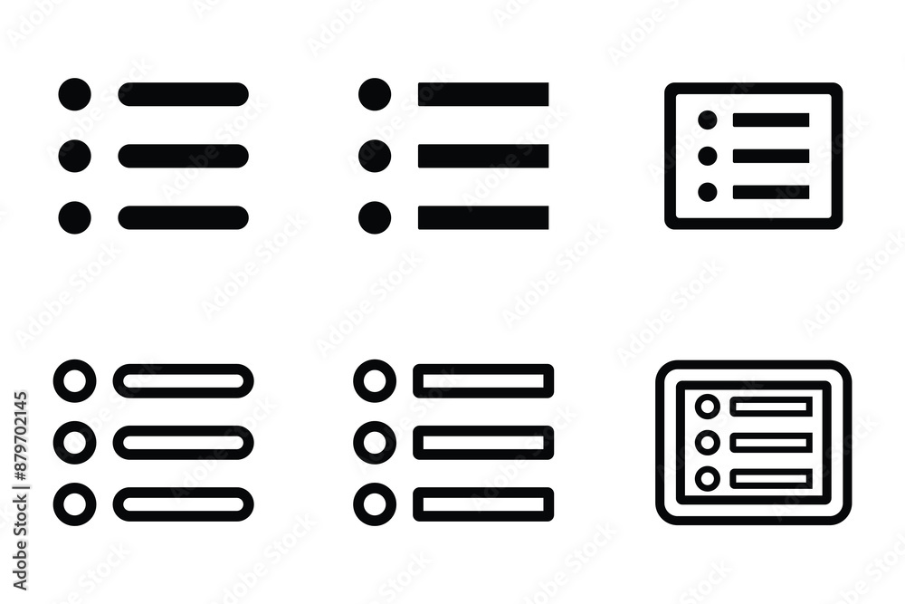 Collection of List Icons in Black and Outline Styles for Menu, Task Management, and UI Design Collection of List Icons in Black and Outline Styles for Menu, Task Management, and UI Design
