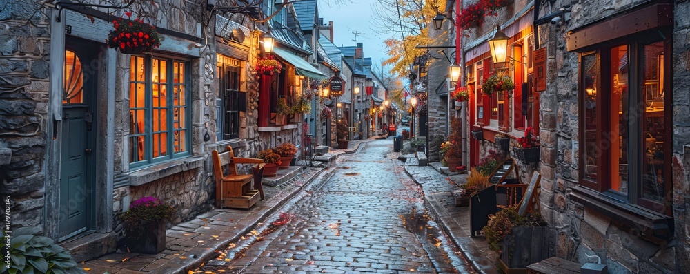 A quaint cobblestone street lined with charming shops, cafes, and old-fashioned buildings. A quaint cobblestone street lined with charming shops, cafes, and old-fashioned buildings.