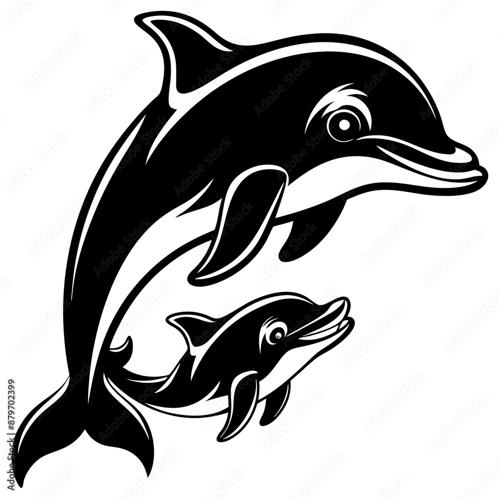 Obraz premium A Joyful Dolphin Mother and Calf Swimming Together Vector Design and illustration