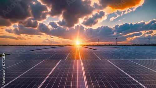 Solar panels on a roof with a solar power plant in the background under a blue sky, showcasing renewable energy and clean technology