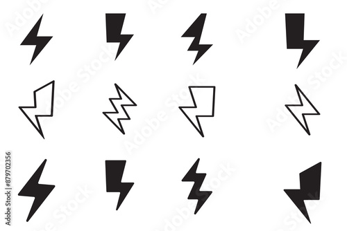 Collection of Various Lightning Bolt Icons in Different Styles and Shapes for Graphic Design and Illustrations