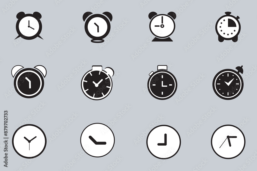 Set of 12 Minimalist Alarm Clock and Stopwatch Icons in Black and White for Digital and vector Design Projects Set of 12 Minimalist Alarm Clock and Stopwatch Icons in Black and White for Digital and vector Design Projects
