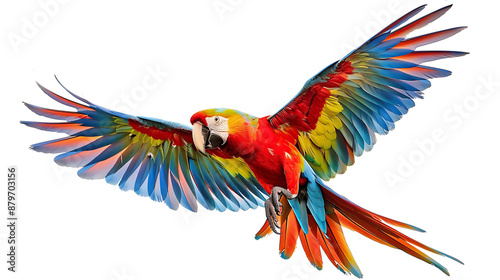 A stunning parrot with intricate feathers captured mid-air, highlighting its graceful motion against a pure white background. photo