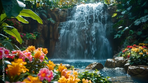 Fototapeta Naklejka Na Ścianę i Meble -  A tropical rainforest, vibrant greenery and exotic flowers, a waterfall cascading in the background
