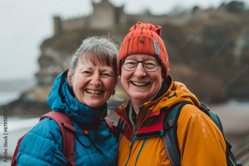 Portrait of a glad caucasian couple in their 40s wearing a windproof softshell in historic castle backdrop Portrait of a glad caucasian couple in their 40s wearing a windproof softshell in historic castle backdrop