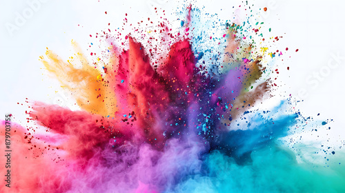 Holi color powder explosion in a rainbow of colors against a clean white background, captured in high definition