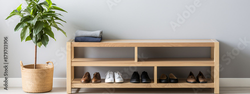 Warm and inviting entryway with a wooden shoe rack, a stylish gray sweater, and a lush potted plant