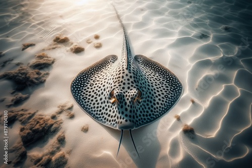 Leopard whipray (Himantura leoparda) upper view near the coast on the sandy bay area of indian ocean photo