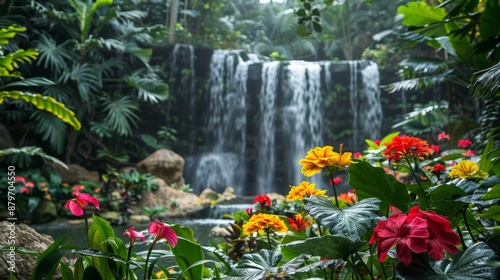 A tropical rainforest, vibrant greenery and exotic flowers, a waterfall cascading in the background