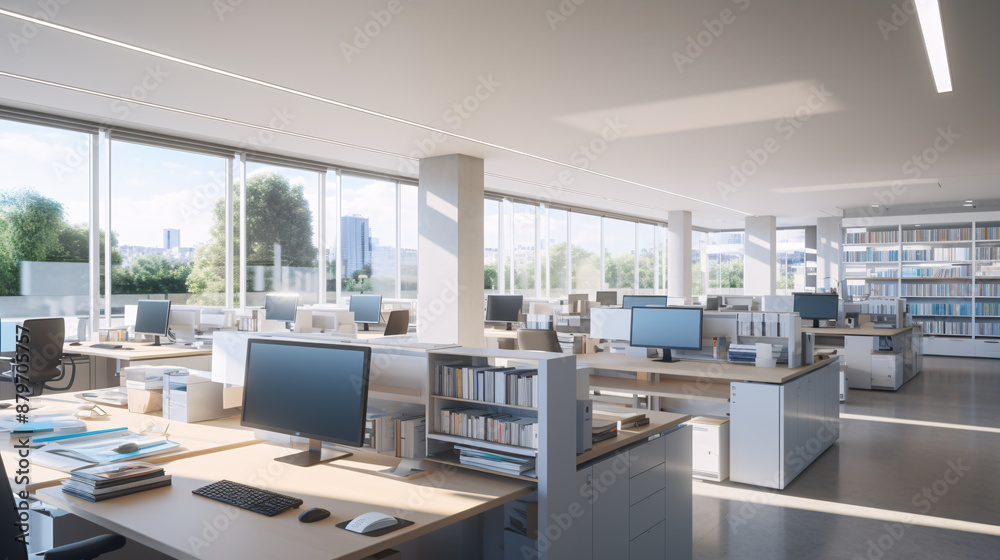 Large office space with big windows, white walls, and modern furniture in a minimalist style bathed in soft sunlight Large office space with big windows, white walls, and modern furniture in a minimalist style bathed in soft sunlight