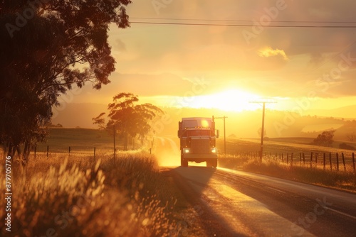 Amidst the fading light of day, a truck drives along a rural route, framed by the beauty of the setting sun. Experience the tranquility of the countryside at dusk.