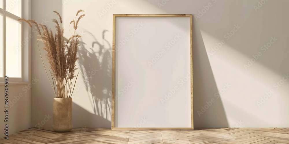 Minimalist interior with a wooden frame mockup and a vase with pampas grass. Minimalist interior with a wooden frame mockup and a vase with pampas grass.